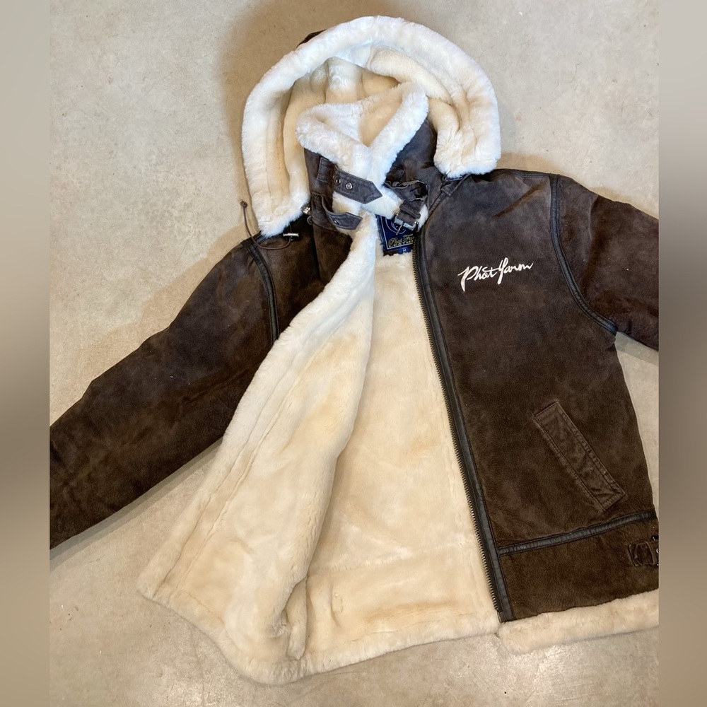 Vintage Phat Farm leather coat with removable hood in excellent condition!